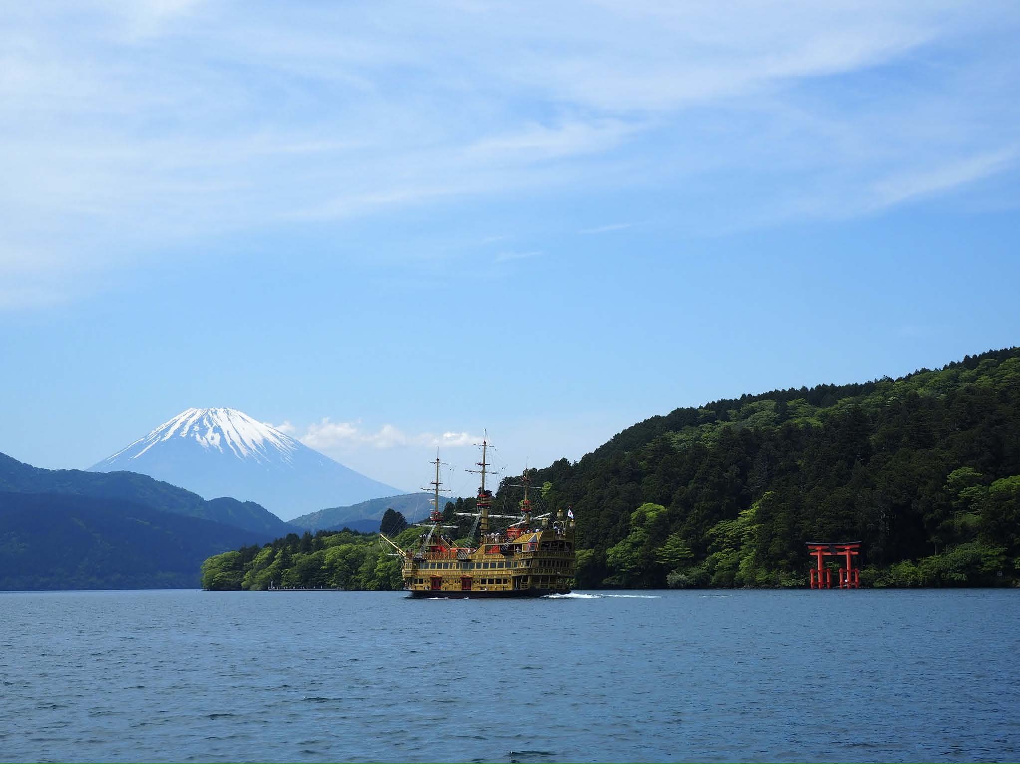 A view of Mount Fuji rising above Lake Ashi in Hakone.
