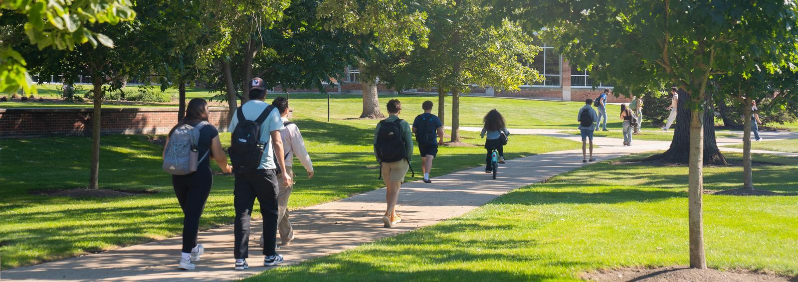 students walking on a path on campus amongst trees