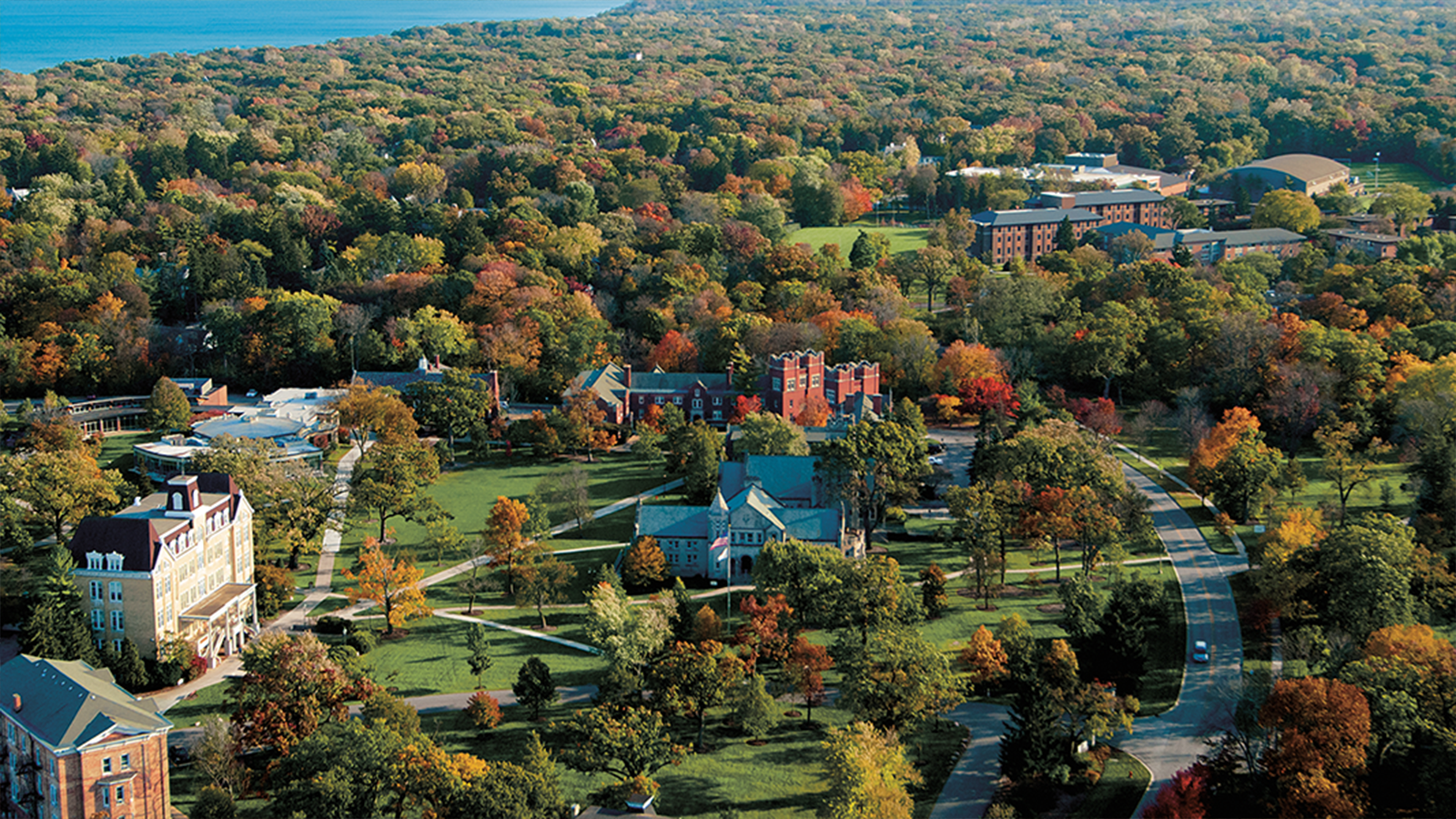 aerial view of the campus with the lake in the background