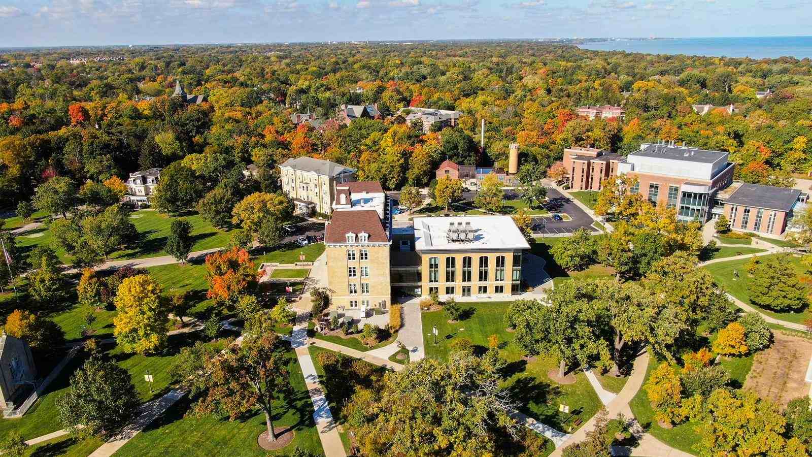 aerial view of middle campus with the lake in the background