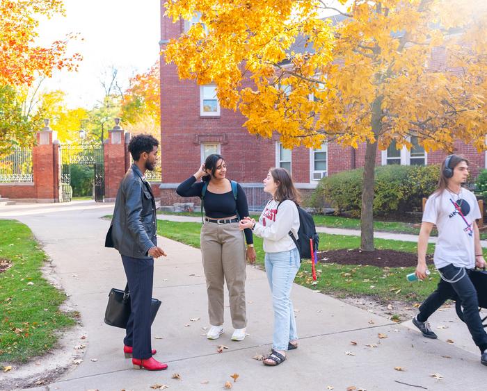 students chatting by the college gates