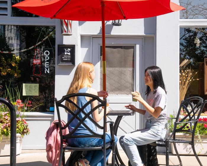 students at a cafe in town