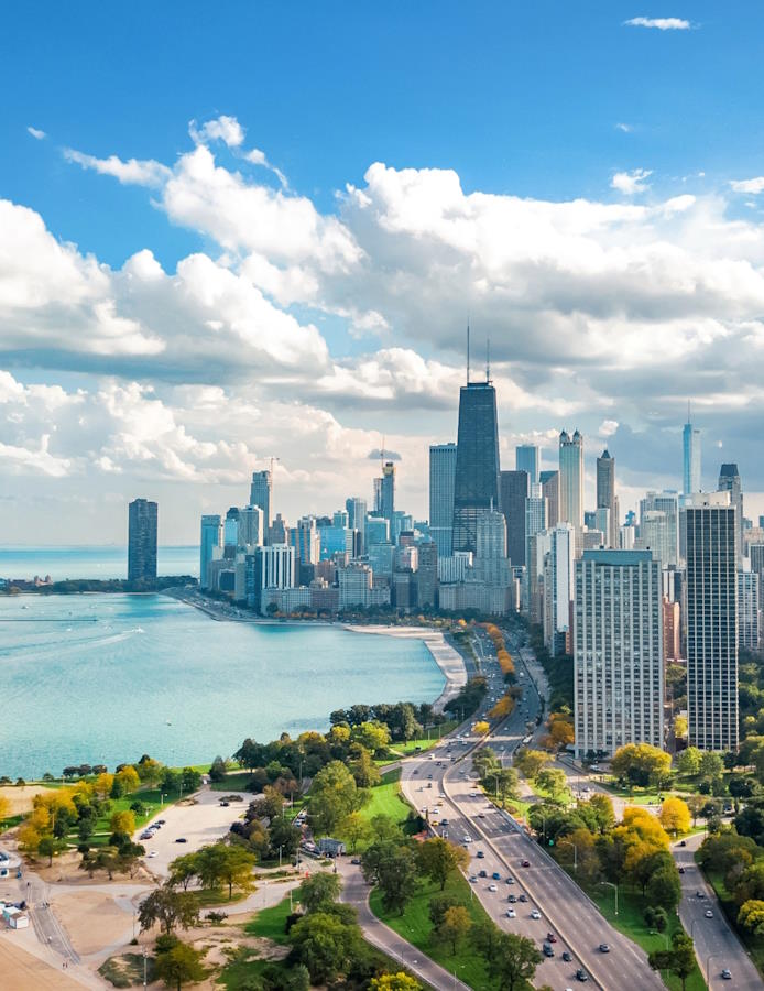 view of the chicago skyline and lake Michigan