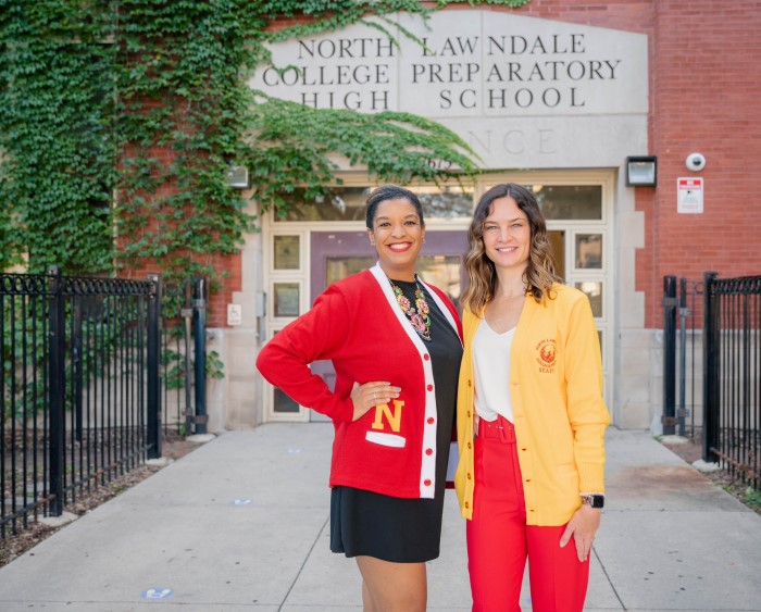 Simunovic and Cunningham-Elder in front of North Lawndale Prep