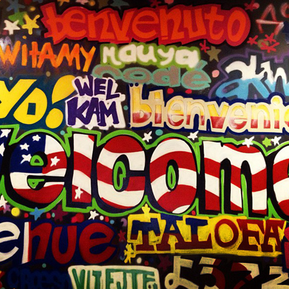 Multilingual mural on a wall